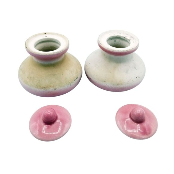 Vanity Jars Porcelain Vintage Pink White Pottery Lids Flowers 2 Inch Miniature - Picture 9 of 15
